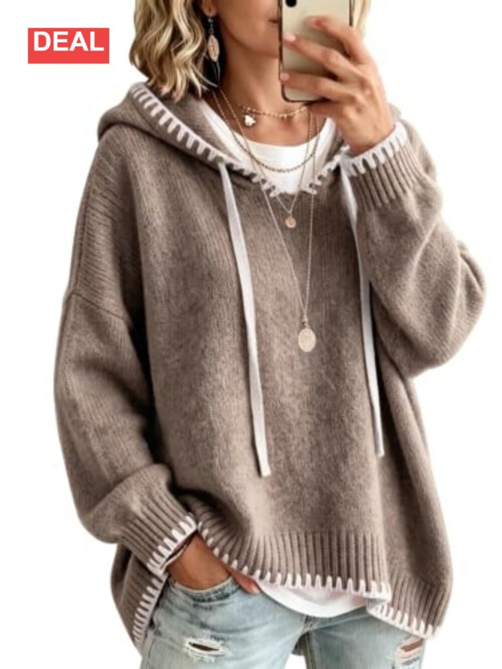 Oversized Wool Blend Striped Hooded Pullover Sweater Casual